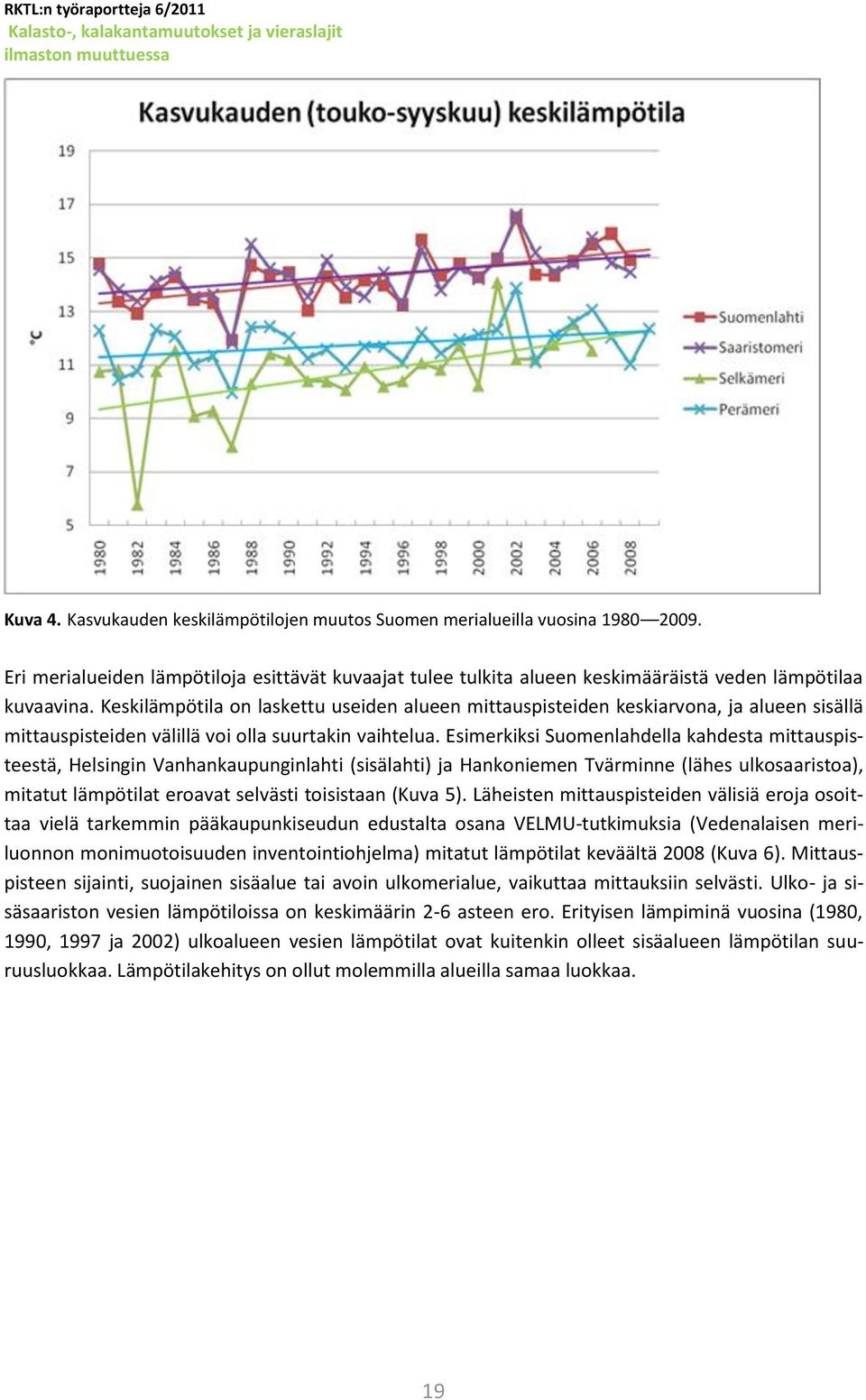 Esimerkiksi Suomenlahdella kahdesta mittauspisteestä, Helsingin Vanhankaupunginlahti (sisälahti) ja Hankoniemen Tvärminne (lähes ulkosaaristoa), mitatut lämpötilat eroavat selvästi toisistaan (Kuva