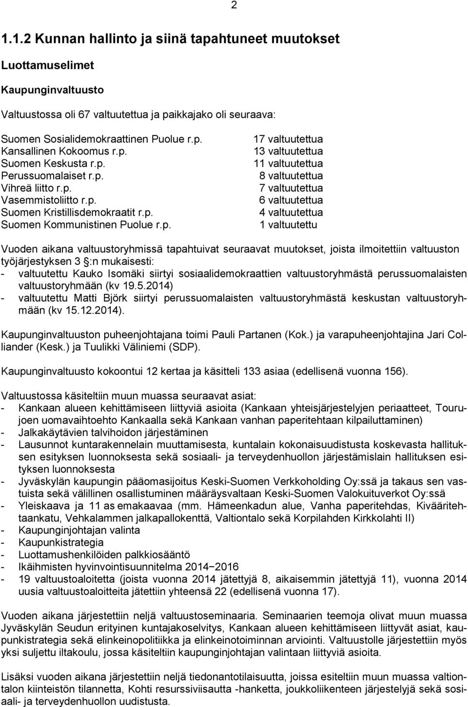 valtuutettua 8 valtuutettua 7 valtuutettua 6 valtuutettua 4 valtuutettua 1 valtuutettu Vuoden aikana valtuustoryhmissä tapahtuivat seuraavat muutokset, joista ilmoitettiin valtuuston työjärjestyksen