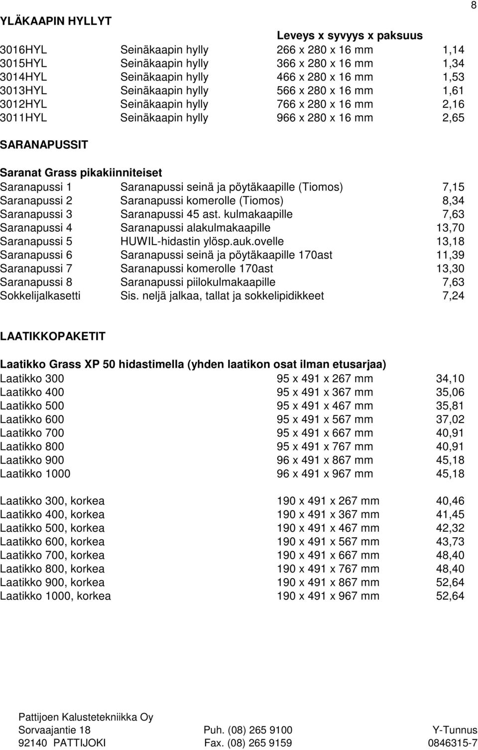 Saranapussi seinä ja pöytäkaapille (Tiomos) 7,15 Saranapussi 2 Saranapussi komerolle (Tiomos) 8,34 Saranapussi 3 Saranapussi 45 ast.