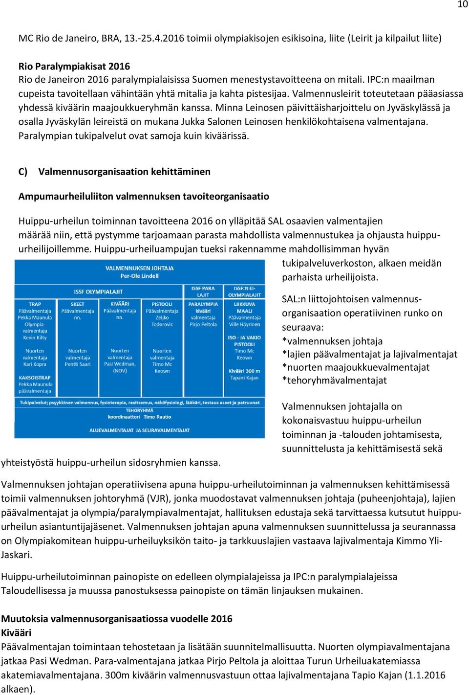 IPC:n maailman cupeista tavoitellaan vähintään yhtä mitalia ja kahta pistesijaa. Valmennusleirit toteutetaan pääasiassa yhdessä kiväärin maajoukkueryhmän kanssa.