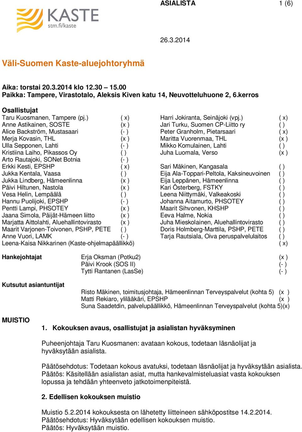 ) ( x) Anne Astikainen, SOSTE (x ) Jari Turku, Suomen CP-Liitto ry ( ) Alice Backström, Mustasaari (- ) Peter Granholm, Pietarsaari ( x) Merja Kovasin, THL (x ) Maritta Vuorenmaa, THL (x ) Ulla