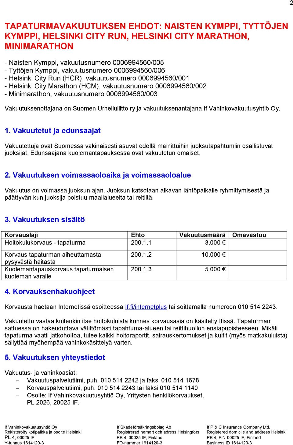 Vakuutuksenottajana on Suomen Urheiluliitto ry ja vakuutuksenantajana If Vahinkovakuutusyhtiö Oy. 1.