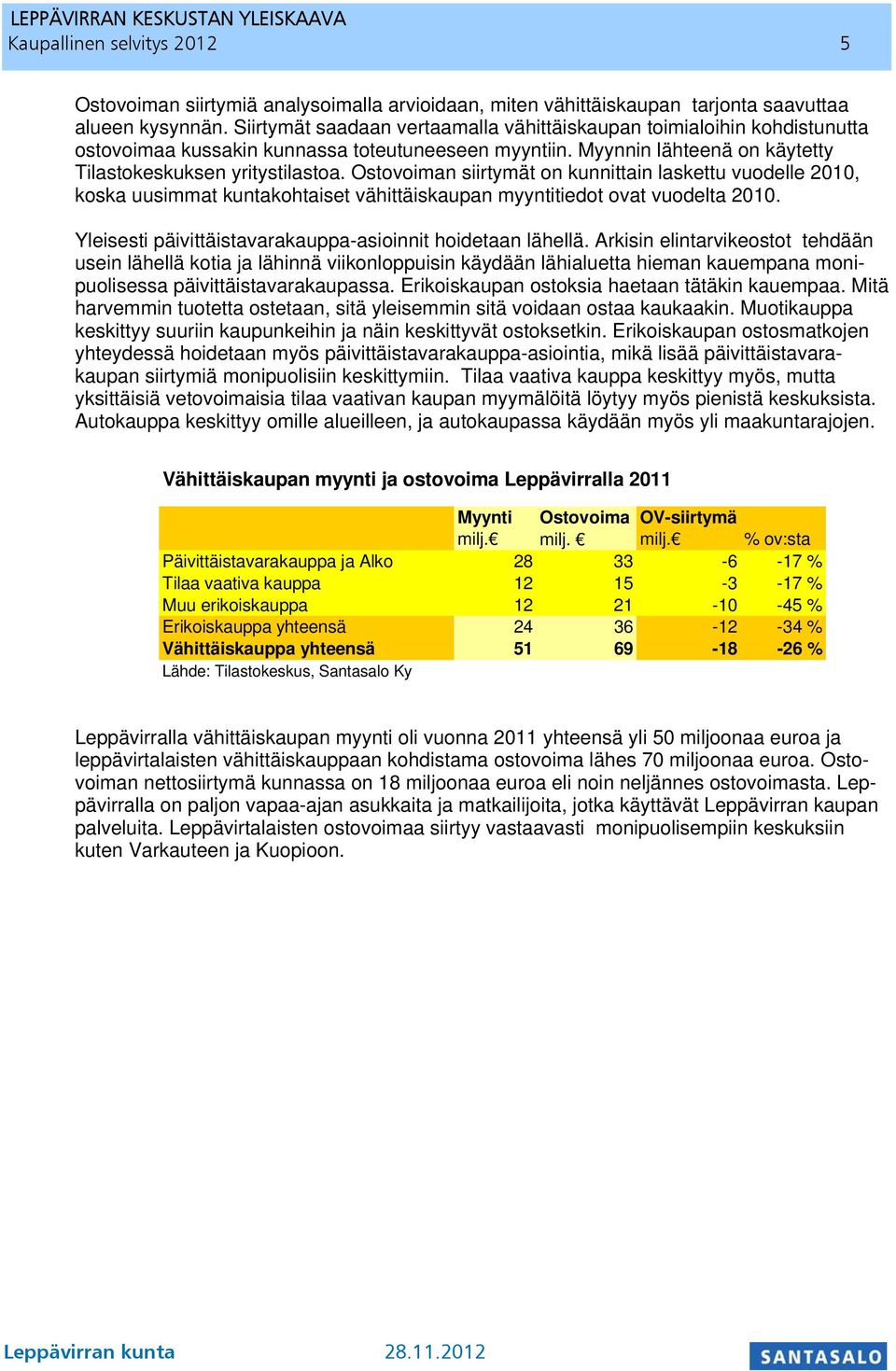 Ostovoiman siirtymät on kunnittain laskettu vuodelle 2010, koska uusimmat kuntakohtaiset vähittäiskaupan myyntitiedot ovat vuodelta 2010. Yleisesti päivittäistavarakauppa-asioinnit hoidetaan lähellä.