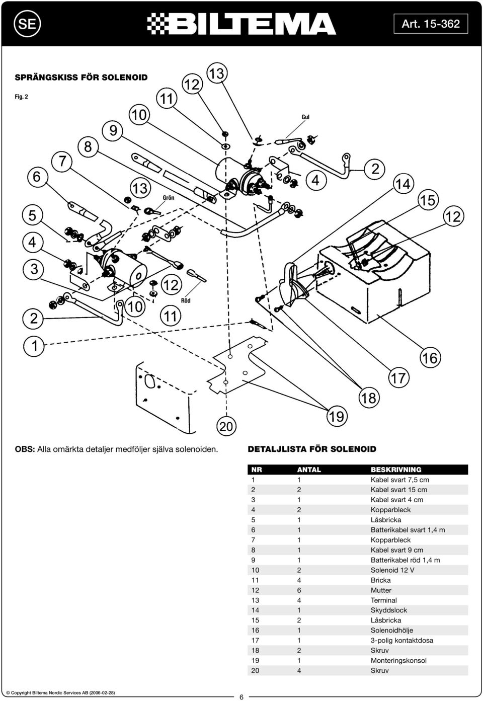 5 1 Låsbricka 6 1 Batterikabel svart 1,4 m 7 1 Kopparbleck 8 1 Kabel svart 9 cm 9 1 Batterikabel röd 1,4 m 10 2 Solenoid 12 V 11