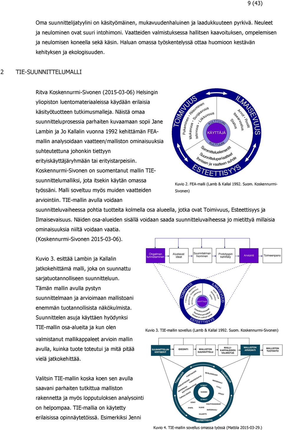 2 TIE-SUUNNITTELUMALLI Ritva Koskennurmi-Sivonen (2015-03-06) Helsingin yliopiston luentomateriaaleissa käydään erilaisia käsityötuotteen tutkimusmalleja.