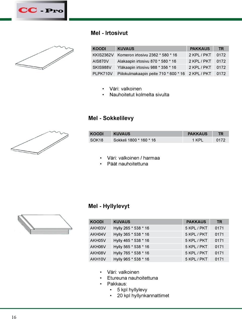 Päät nauhoitettuna Mel - Hyllylevyt AKH03V Hylly 265 * 538 * 16 5 KPL / PKT 0171 AKH04V Hylly 365 * 538 * 16 5 KPL / PKT 0171 AKH05V Hylly 465 * 538 * 16 5 KPL / PKT 0171 AKH06V Hylly 565 * 538 * 16