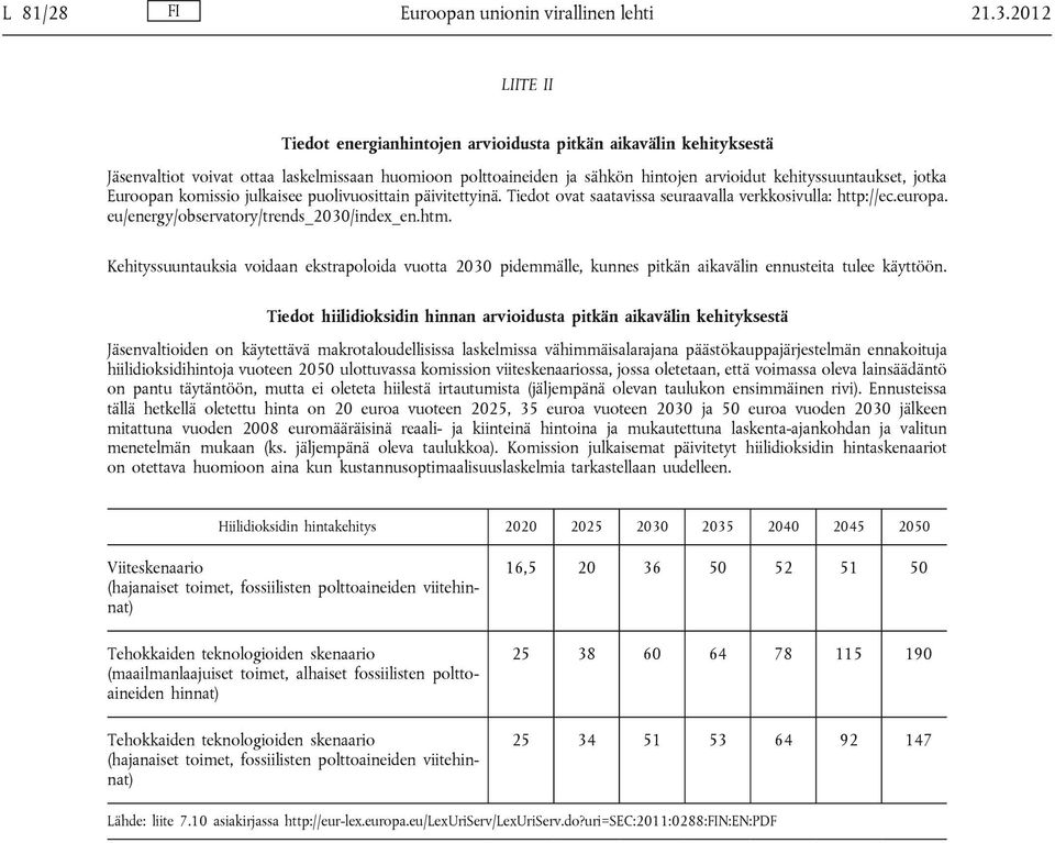 Euroopan komissio julkaisee puolivuosittain päivitettyinä. Tiedot ovat saatavissa seuraavalla verkkosivulla: http://ec.europa. eu/energy/observatory/trends_2030/index_en.htm.
