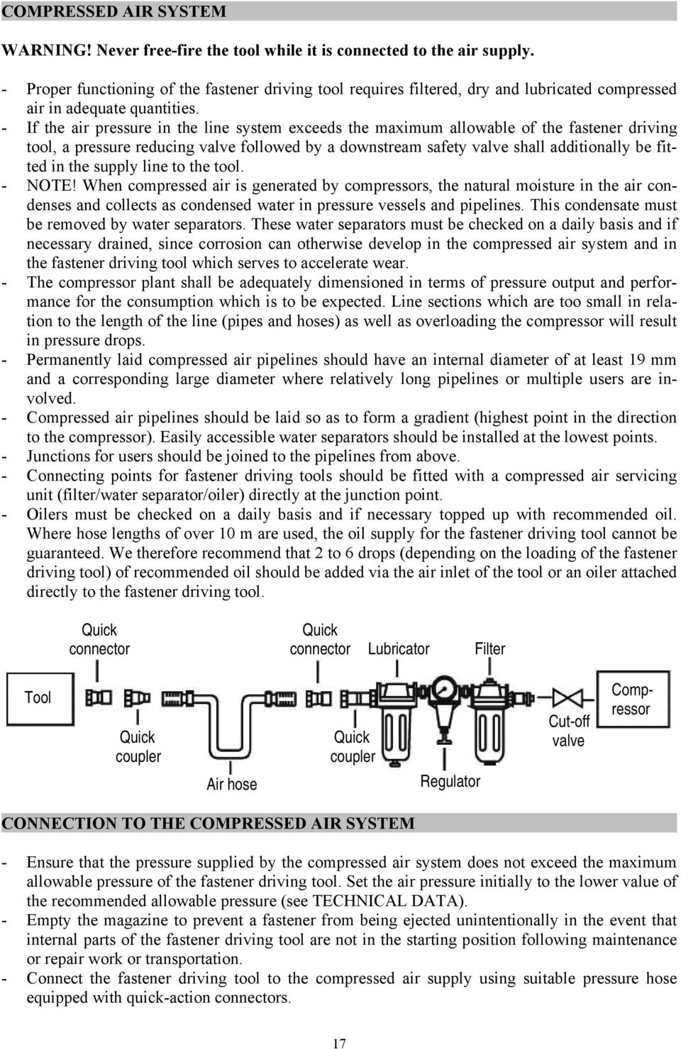 - If the air pressure in the line system exceeds the maximum allowable of the fastener driving tool, a pressure reducing valve followed by a downstream safety valve shall additionally be fitted in