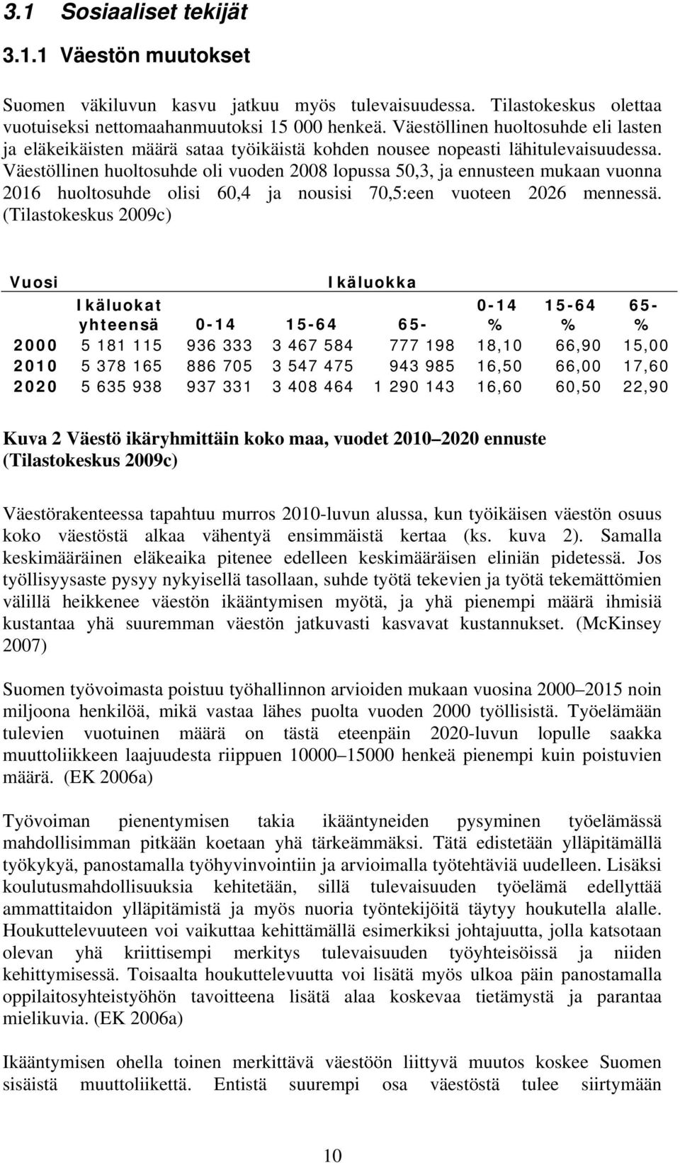 Väestöllinen huoltosuhde oli vuoden 2008 lopussa 50,3, ja ennusteen mukaan vuonna 2016 huoltosuhde olisi 60,4 ja nousisi 70,5:een vuoteen 2026 mennessä.