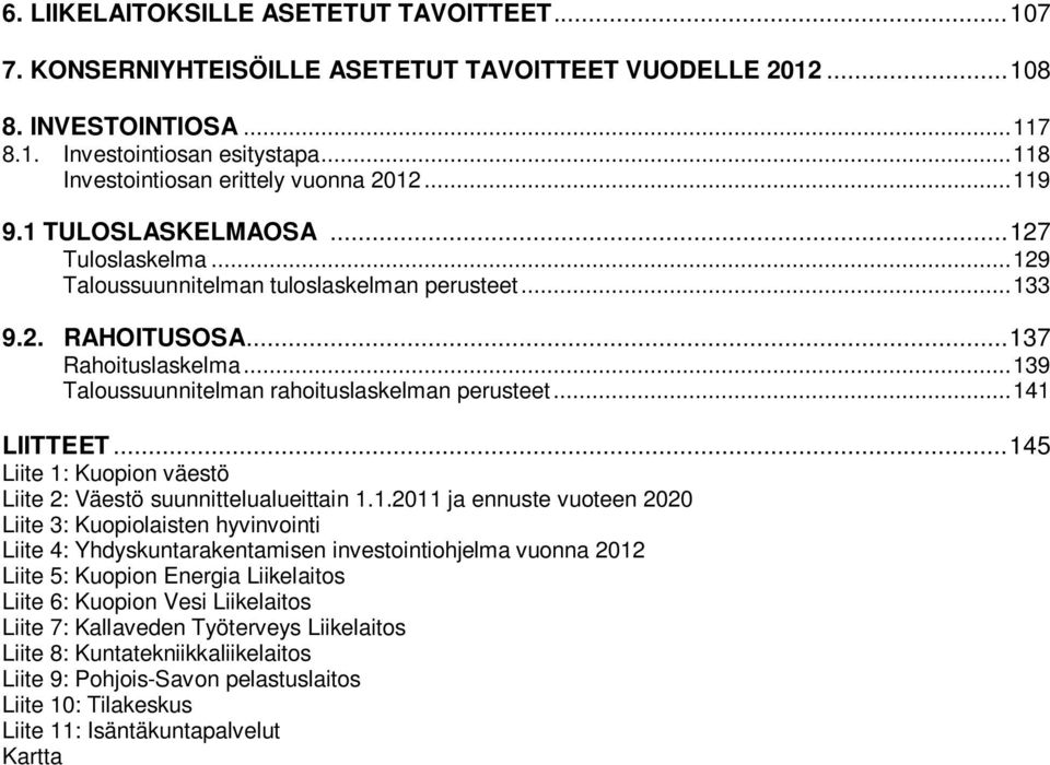 .. 139 Taloussuunnitelman rahoituslaskelman perusteet... 141 LIITTEET... 145 Liite 1: Kuopion väestö Liite 2: Väestö suunnittelualueittain 1.1.2011 ja ennuste vuoteen 2020 Liite 3: Kuopiolaisten