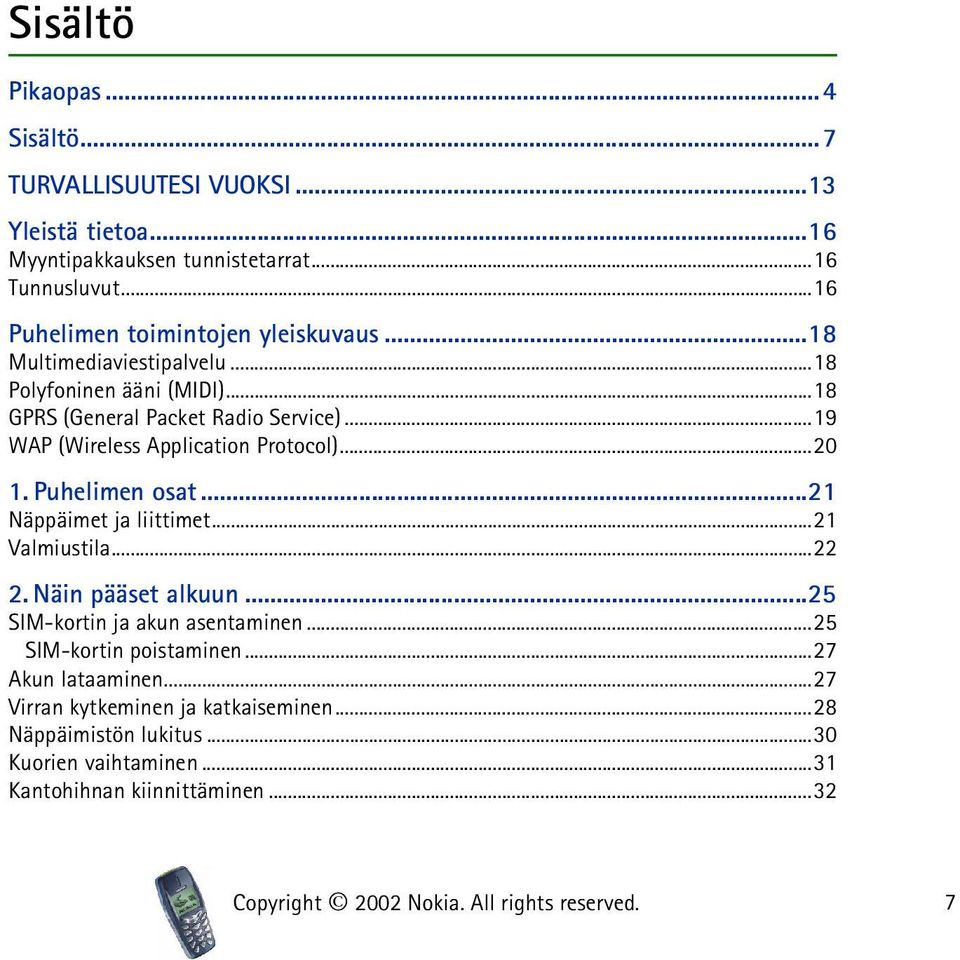 ..19 WAP (Wireless Application Protocol)...20 1. Puhelimen osat...21 Näppäimet ja liittimet...21 Valmiustila...22 2. Näin pääset alkuun.