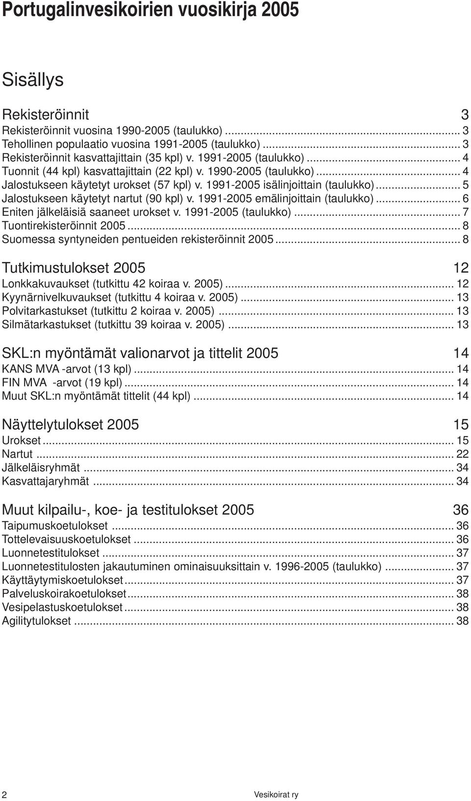 .. 5 Jalostukseen käytetyt nartut (90 kpl) v. 1991-2005 emälinjoittain (taulukko)... 6 Eniten jälkeläisiä saaneet urokset v. 1991-2005 (taulukko)... 7 Tuontirekisteröinnit 2005.