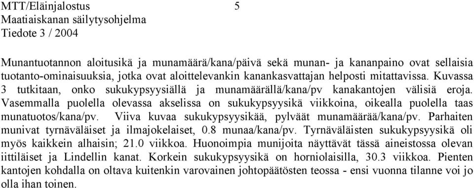 Vasemmalla puolella olevassa akselissa on sukukypsyysikä viikkoina, oikealla puolella taas munatuotos/kana/pv. Viiva kuvaa sukukypsyysikää, pylväät munamäärää/kana/pv.