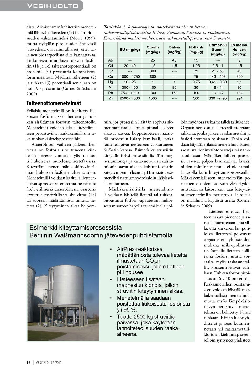 EU (mg/kg) Suomi (mg/kg) Esimerkki kiteyttämisprosessista Berliinin Waßmannsdorfin jätevedenpuhdistamolla Saksa (mg/kg) Hollanti (mg/kg) Esimerkki Suomi (mg/kg) Esimerkki Hollanti (mg/kg) As ---- 25