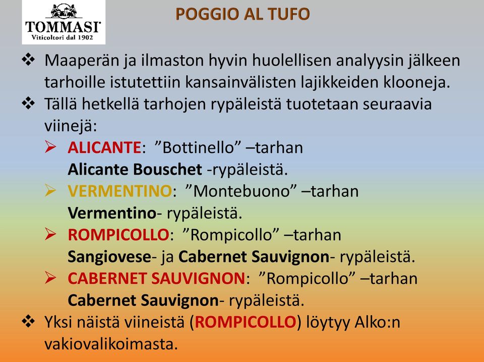 VERMENTINO: Montebuono tarhan Vermentino- rypäleistä.