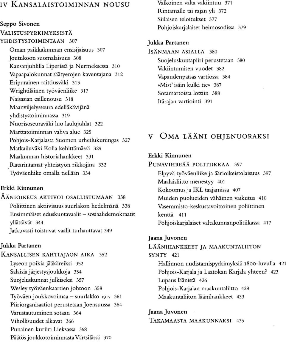 Nuorisoseuraväki luo laulujuhlat 322 Marttatoiminnan vahva alue 325 Pohjois-Karjalasta Suomen urheilukuningas 327 Matkailuväki Kolia kehittämässä 329 Maakunnan historiahankkeet 331 Ratarintamat