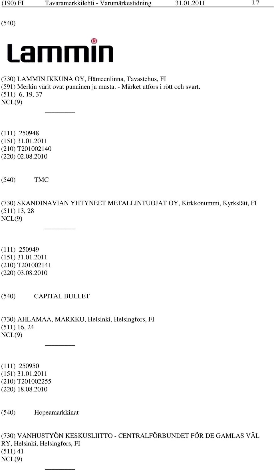 2010 TMC (730) SKANDINAVIAN YHTYNEET METALLINTUOJAT OY, Kirkkonummi, Kyrkslätt, FI (511) 13, 28 (111) 250949 (210) T201002141 (220) 03.08.