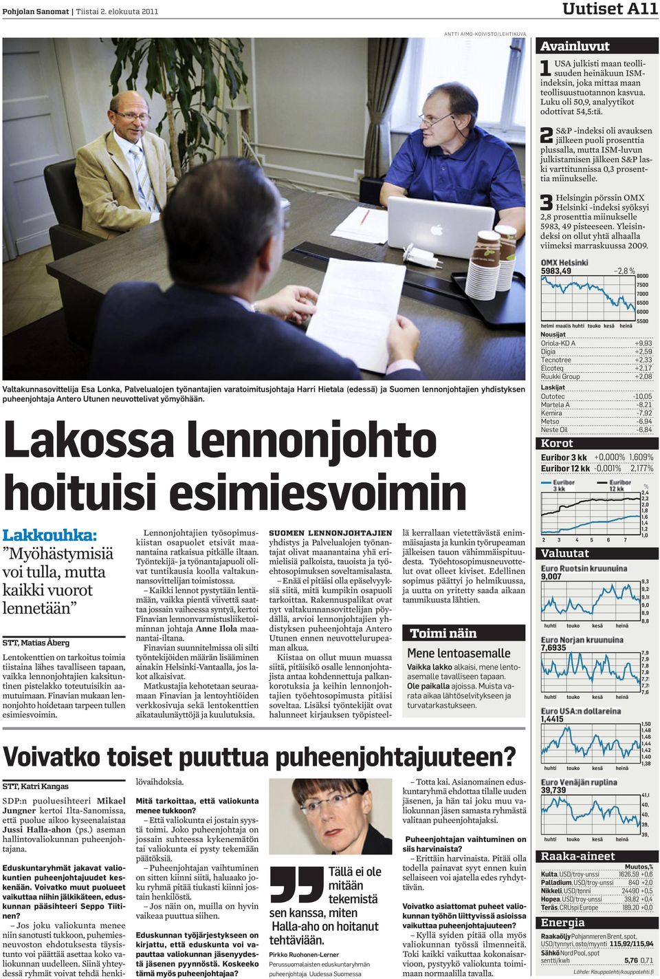 3Helsingin pörssin OMX Helsinki -indeksi syöksyi 2,8 prosenttia miinukselle 5983, 49 pisteeseen. Yleisindeksi on ollut yhtä alhaalla viimeksi marraskuussa 2009.