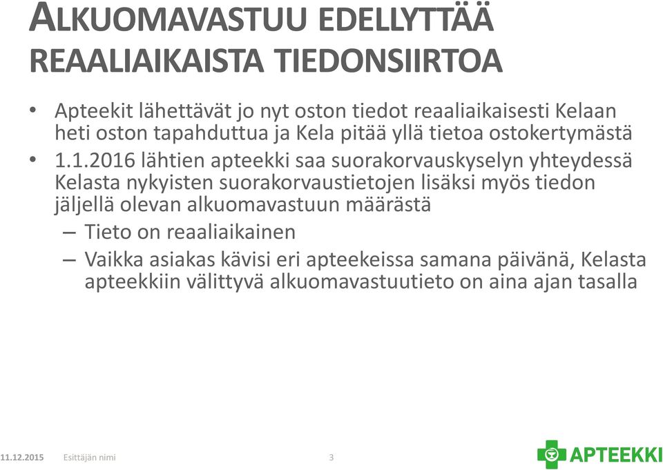 1.2016 lähtien apteekki saa suorakorvauskyselyn yhteydessä Kelasta nykyisten suorakorvaustietojen lisäksi myös tiedon jäljellä