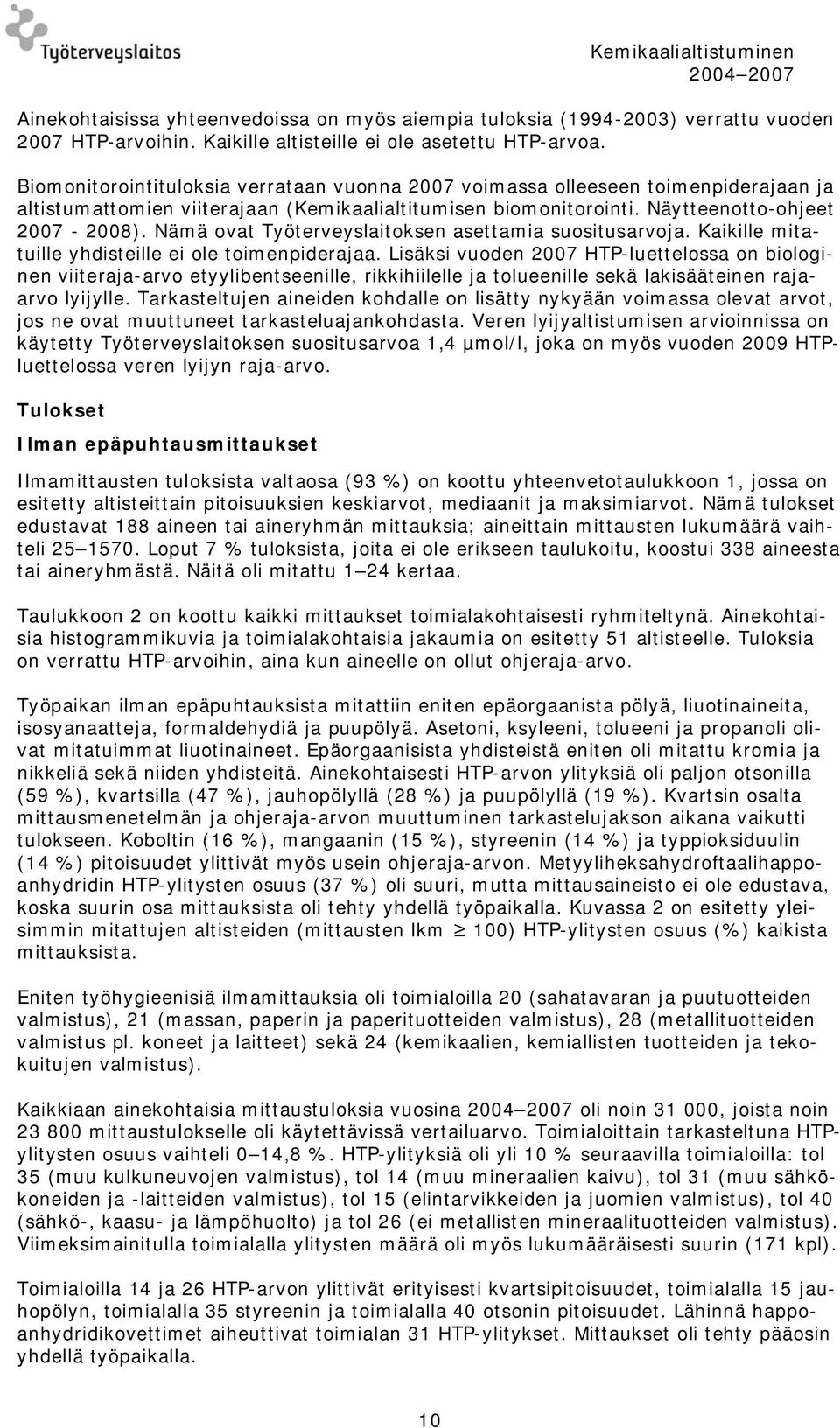 Nämä ovat Työterveyslaitoksen asettamia suositusarvoja. Kaikille mitatuille yhdisteille ei ole toimenpiderajaa.