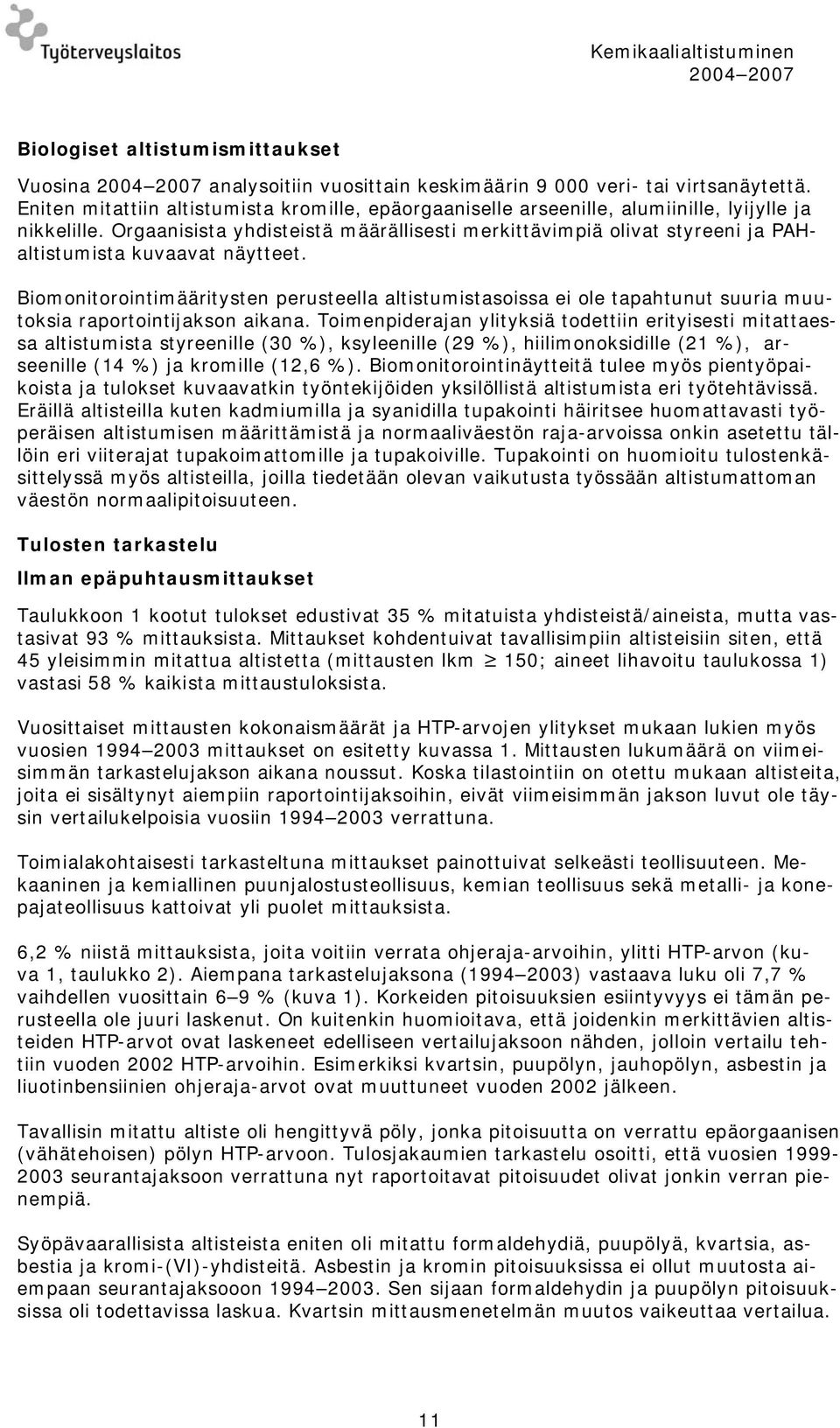 Orgaanisista yhdisteistä määrällisesti merkittävimpiä olivat styreeni ja PAHaltistumista kuvaavat näytteet.