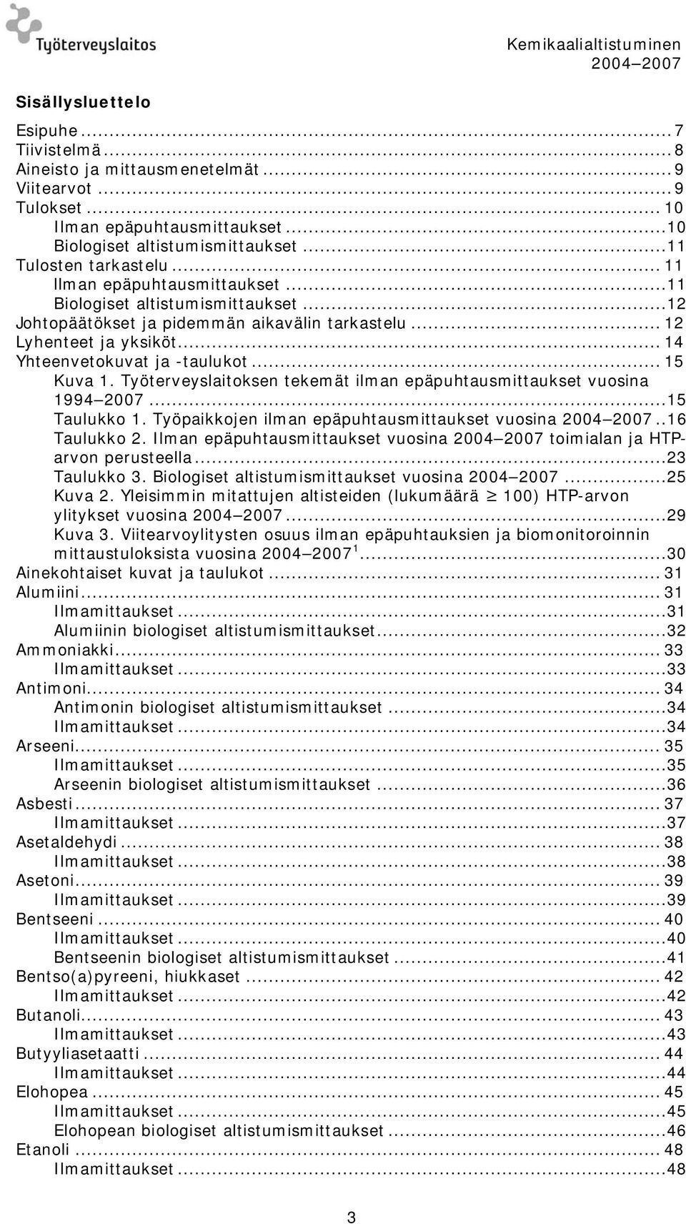 .. 14 Yhteenvetokuvat ja -taulukot... 15 Kuva 1. Työterveyslaitoksen tekemät ilman epäpuhtausmittaukset vuosina 1994 2007...15 Taulukko 1. Työpaikkojen ilman epäpuhtausmittaukset vuosina.