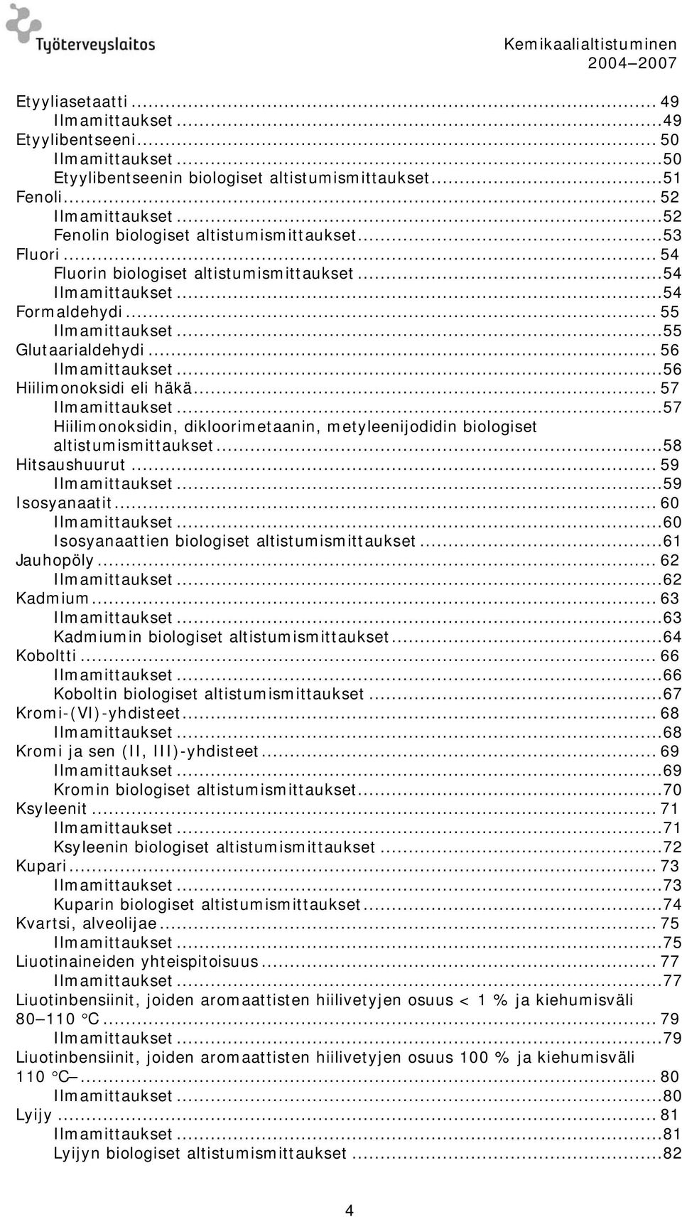 .. 56 Ilmamittaukset...56 Hiilimonoksidi eli häkä... 57 Ilmamittaukset...57 Hiilimonoksidin, dikloorimetaanin, metyleenijodidin biologiset altistumismittaukset...58 Hitsaushuurut... 59 Ilmamittaukset.