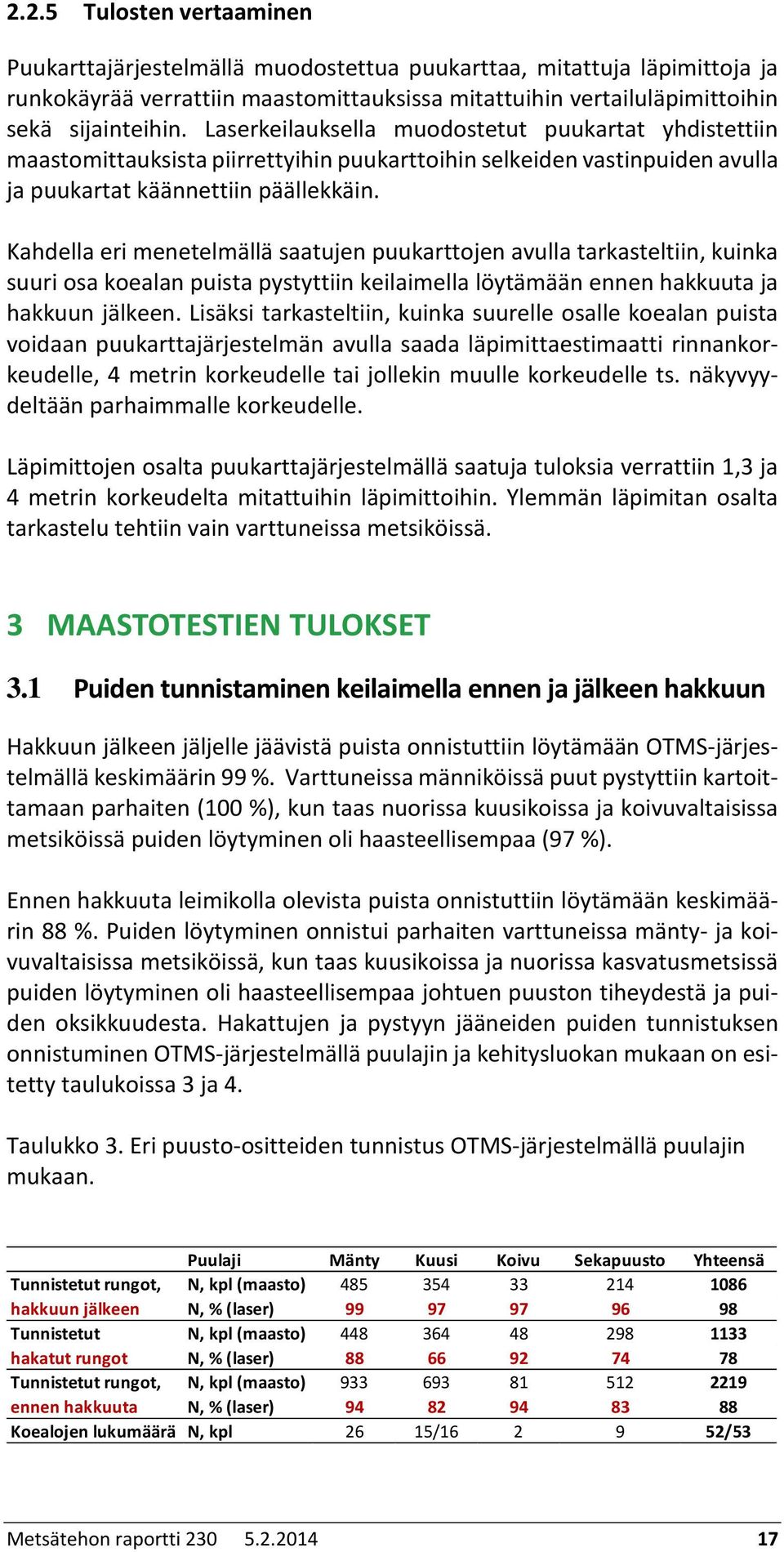 Kahdella eri menetelmällä saatujen puukarttojen avulla tarkasteltiin, kuinka suuri osa koealan puista pystyttiin keilaimella löytämään ennen hakkuuta ja hakkuun jälkeen.