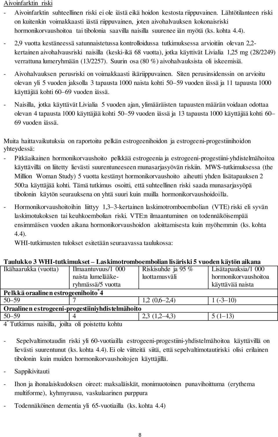 - 2,9 vuotta kestäneessä satunnaistetussa kontrolloidussa tutkimuksessa arvioitiin olevan 2,2- kertainen aivohalvausriski naisilla (keski-ikä 68 vuotta), jotka käyttivät Livialia 1,25 mg (28/2249)