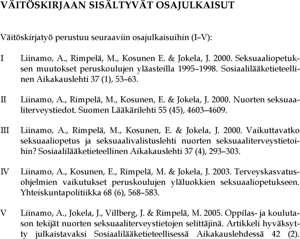 Nuorten seksuaaliterveystiedot. Suomen Lääkärilehti 55 (45), 4603 4609. Liinamo, A., Rimpelä, M., Kosunen, E. & Jokela, J. 2000.