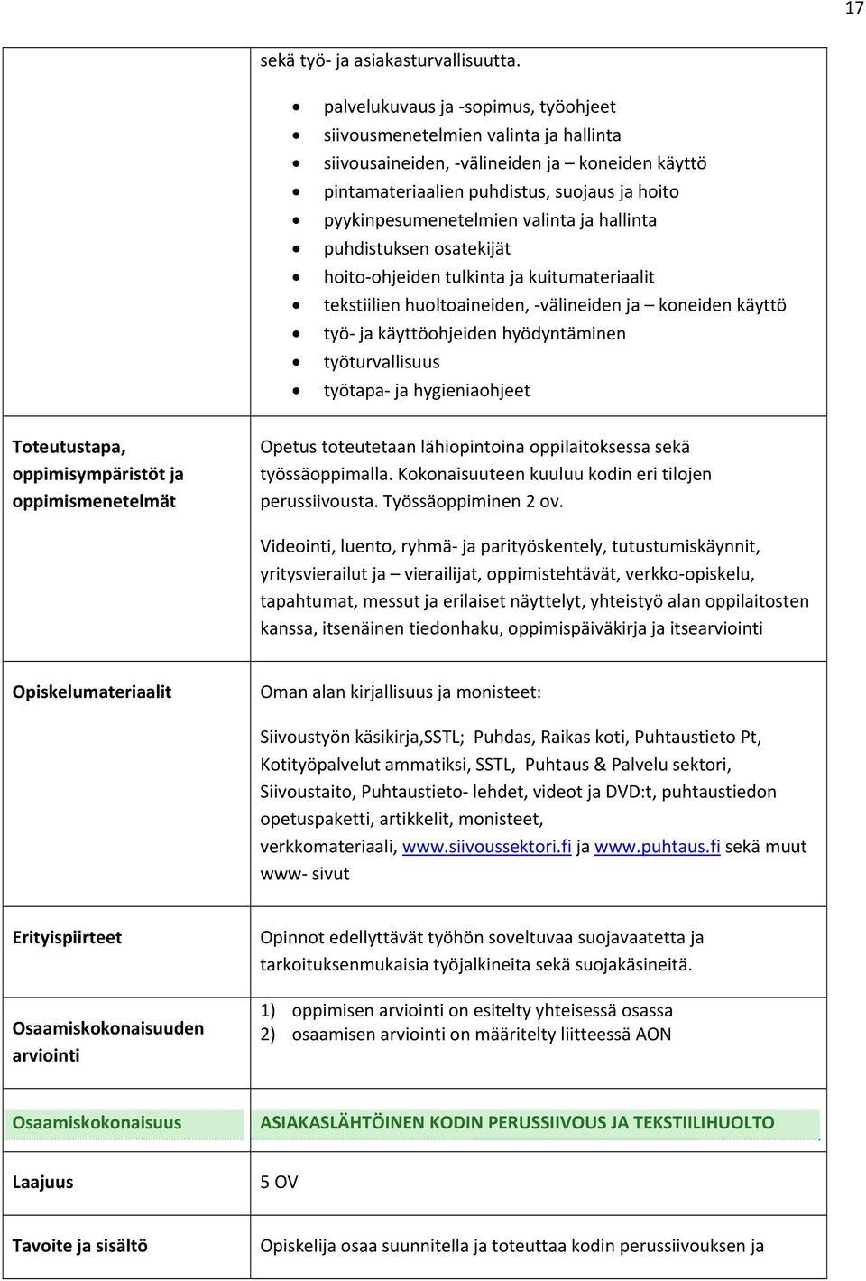 ja hallinta puhdistuksen osatekijät hoito ohjeiden tulkinta ja kuitumateriaalit tekstiilien huoltoaineiden, välineiden ja koneiden käyttö työ ja käyttöohjeiden hyödyntäminen työturvallisuus työtapa