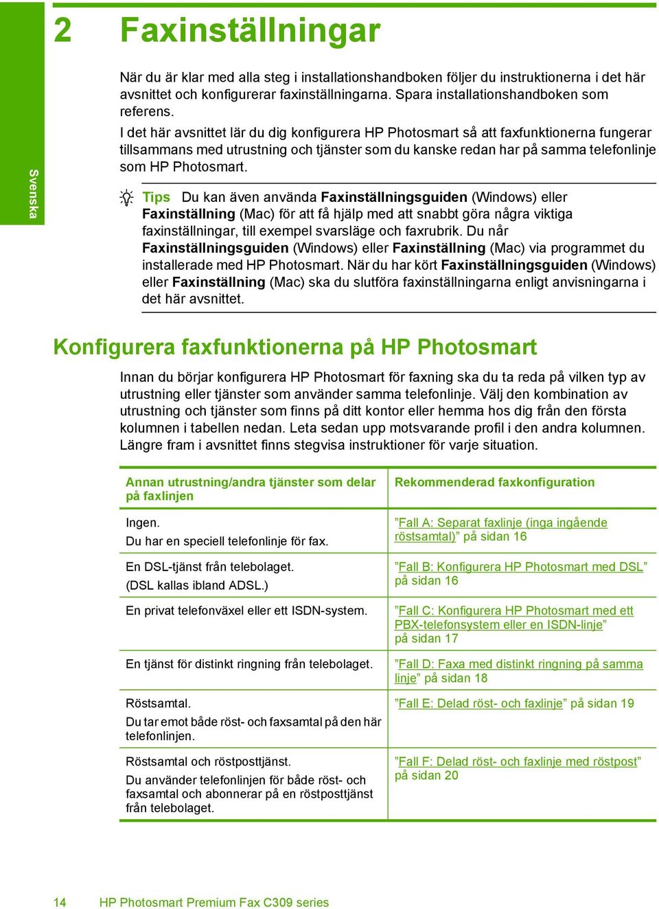 I det här avsnittet lär du dig konfigurera HP Photosmart så att faxfunktionerna fungerar tillsammans med utrustning och tjänster som du kanske redan har på samma telefonlinje som HP Photosmart.