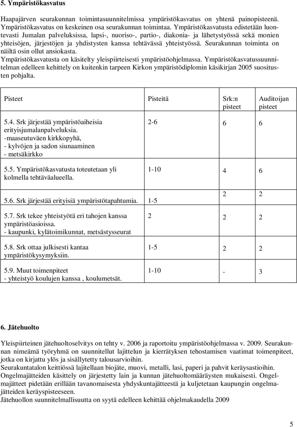 yhteistyössä. Seurakunnan toiminta on näiltä osin ollut ansiokasta. Ympäristökasvatusta on käsitelty yleispiirteisesti ympäristöohjelmassa.