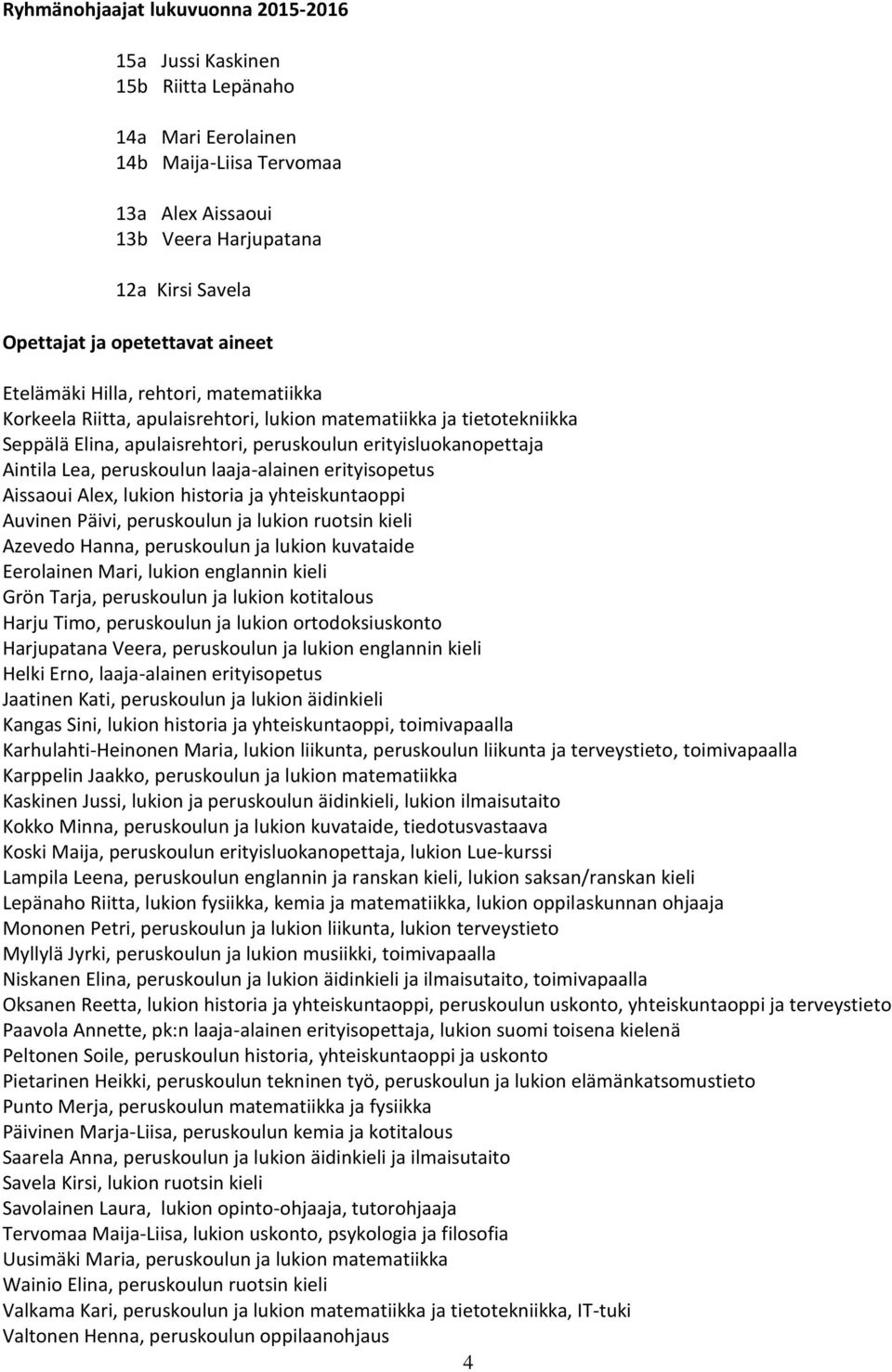 Aintila Lea, peruskoulun laaja-alainen erityisopetus Aissaoui Alex, lukion historia ja yhteiskuntaoppi Auvinen Päivi, peruskoulun ja lukion ruotsin kieli Azevedo Hanna, peruskoulun ja lukion