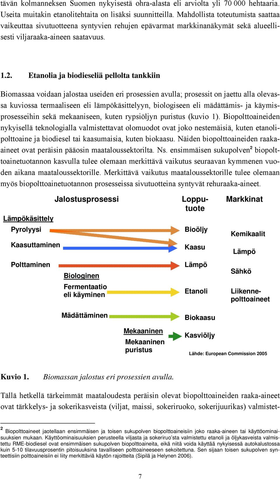 Etanolia ja biodieseliä pellolta tankkiin Biomassaa voidaan jalostaa useiden eri prosessien avulla; prosessit on jaettu alla olevassa kuviossa termaaliseen eli lämpökäsittelyyn, biologiseen eli