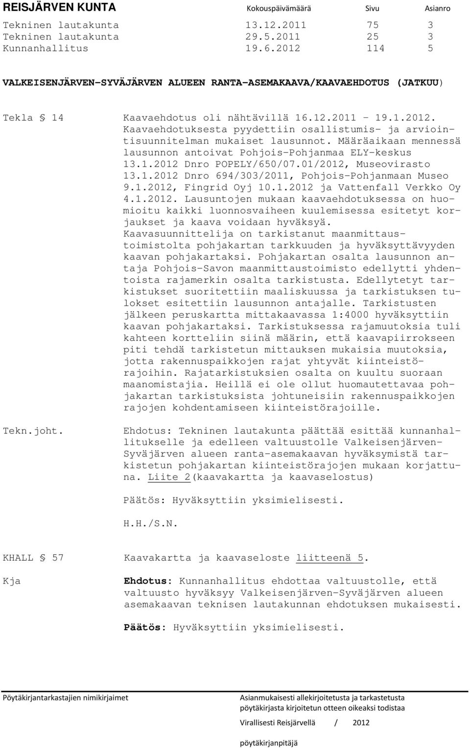 Määräaikaan mennessä lausunnon antoivat Pohjois-Pohjanmaa ELY-keskus 13.1.2012 Dnro POPELY/650/07.01/2012, Museovirasto 13.1.2012 Dnro 694/303/2011, Pohjois-Pohjanmaan Museo 9.1.2012, Fingrid Oyj 10.