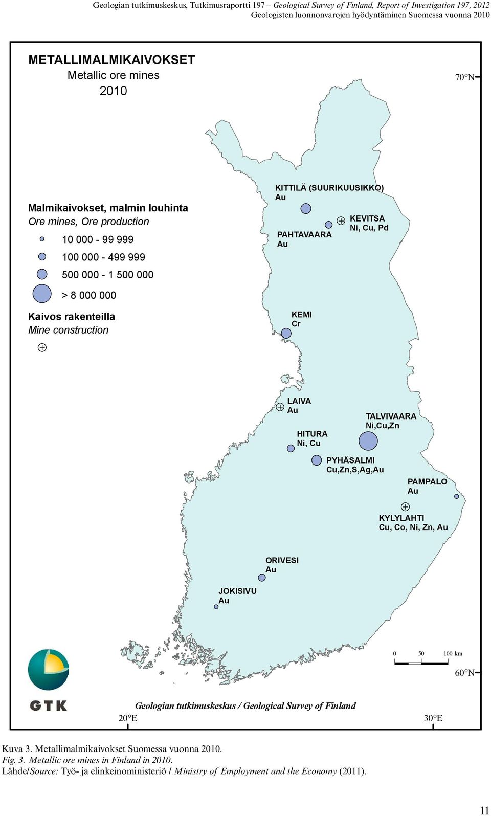 Ni,Cu,Zn PYHÄSALMI Cu,Zn,S,Ag,Au PAMPALO Au KYLYLAHTI Cu, Co, Ni, Zn, Au ORIVESI Au JOKISIVU Au 0 50 100 km 60 N Geologian tutkimuskeskus / Geological Survey of Finland 20 E 30 E Kuva 3.
