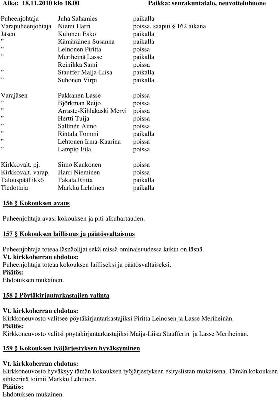 Leinonen Piritta poissa Meriheinä Lasse paikalla Reinikka Sami poissa Stauffer Maija-Liisa paikalla Suhonen Virpi paikalla Varajäsen Pakkanen Lasse poissa Björkman Reijo poissa Arraste-Kihlakaski