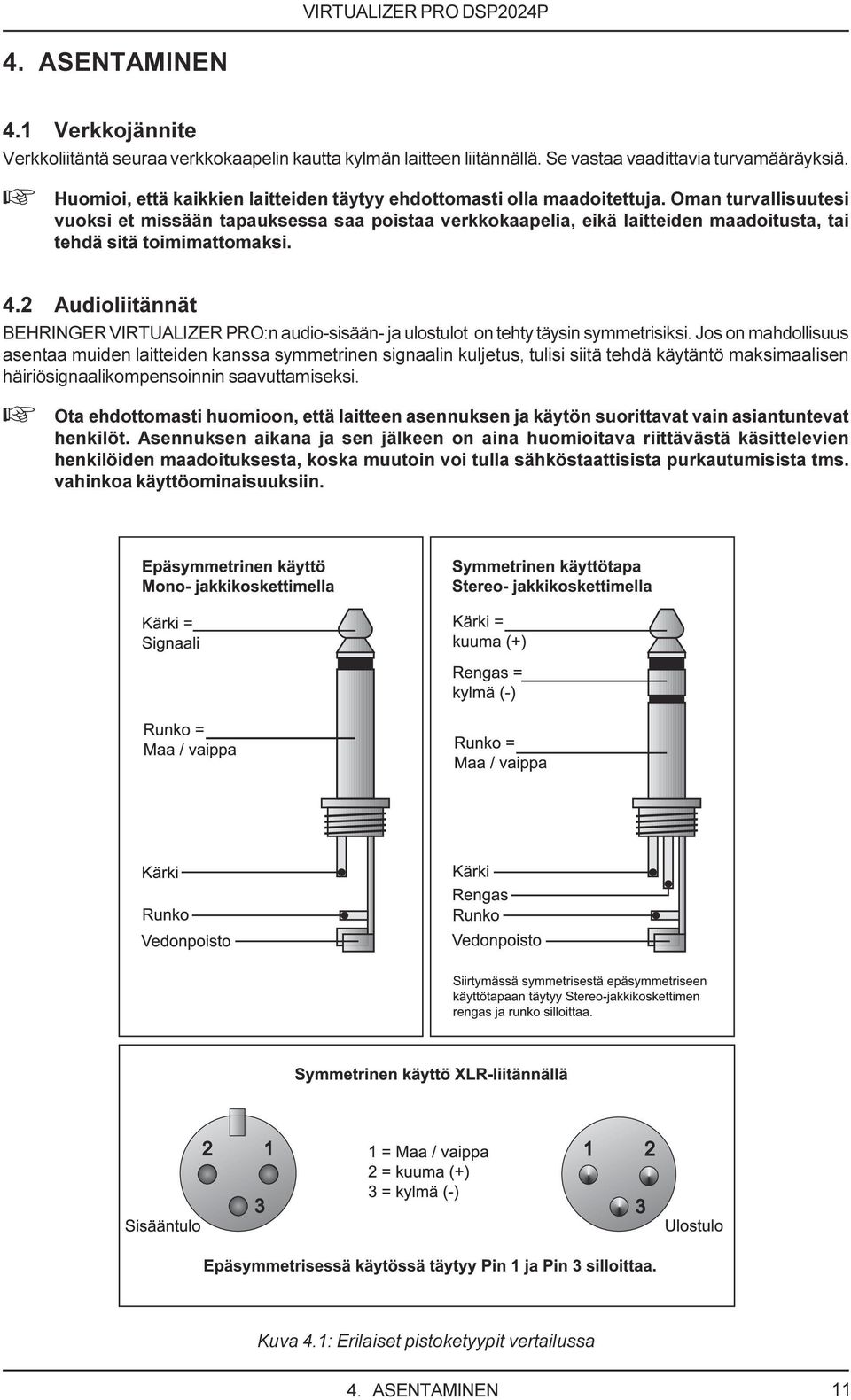 PRO:n audio-sisään- ja ulostulot on tehty täysin symmetrisiksi Jos on mahdollisuus asentaa muiden laitteiden kanssa symmetrinen signaalin kuljetus, tulisi siitä tehdä käytäntö maksimaalisen