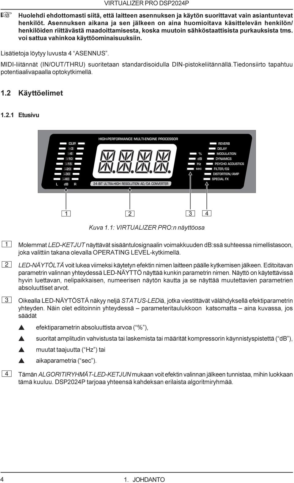 standardisoidulla DIN-pistokeliitännällä Tiedonsiirto tapahtuu potentiaalivapaalla optokytkimellä 1 2 Käyttöelimet 1 2 1 Etusivu Kuva 1 1: VIRTUALIZER PRO:n näyttöosa 1 Molemmat LED-KETJUT näyttävät