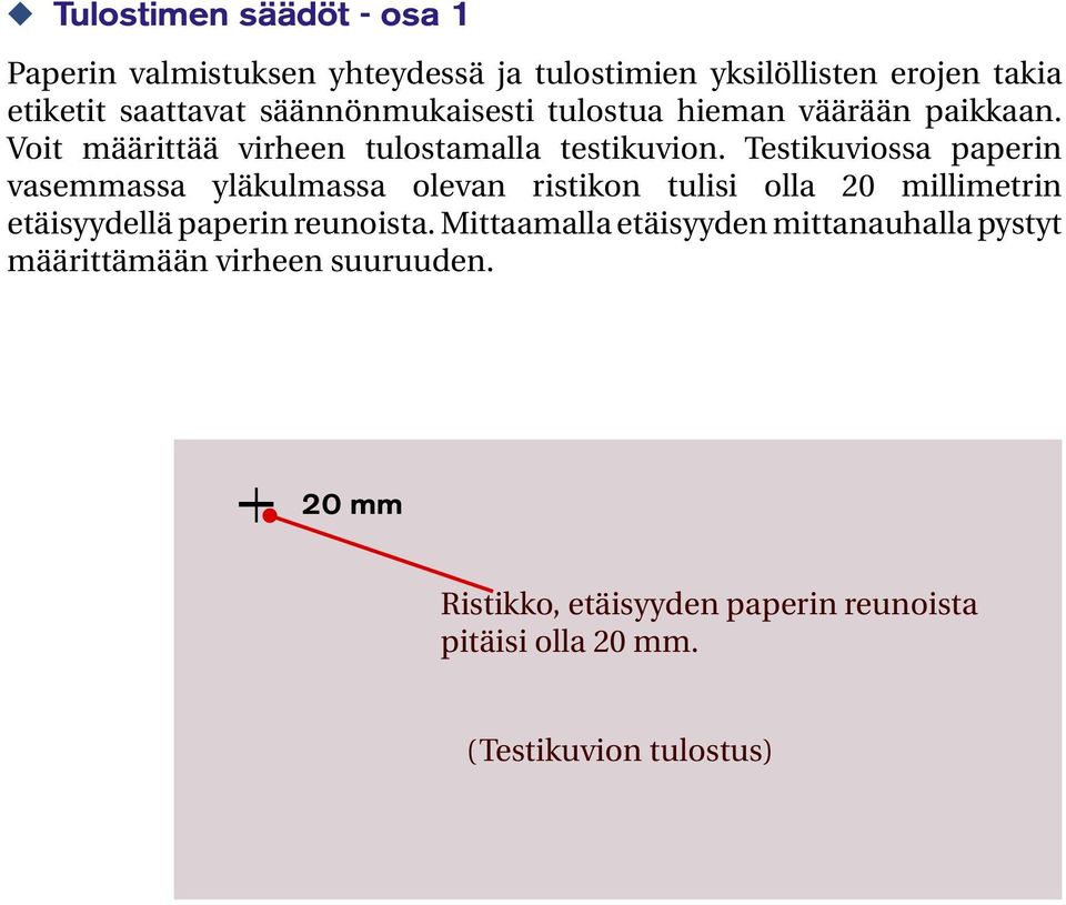 Testikuviossa paperin vasemmassa yläkulmassa olevan ristikon tulisi olla 20 millimetrin etäisyydellä paperin reunoista.