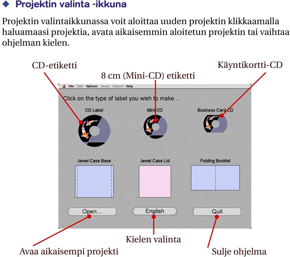 projektin tai vaihtaa ohjelman kielen.