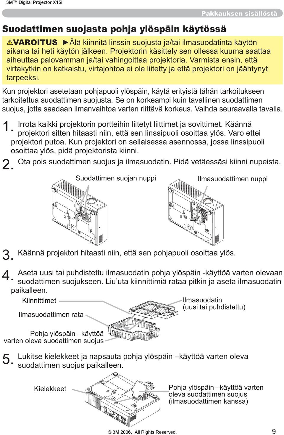 Varmista ensin, että virtakytkin on katkaistu, virtajohtoa ei ole liitetty ja että projektori on jäähtynyt tarpeeksi.