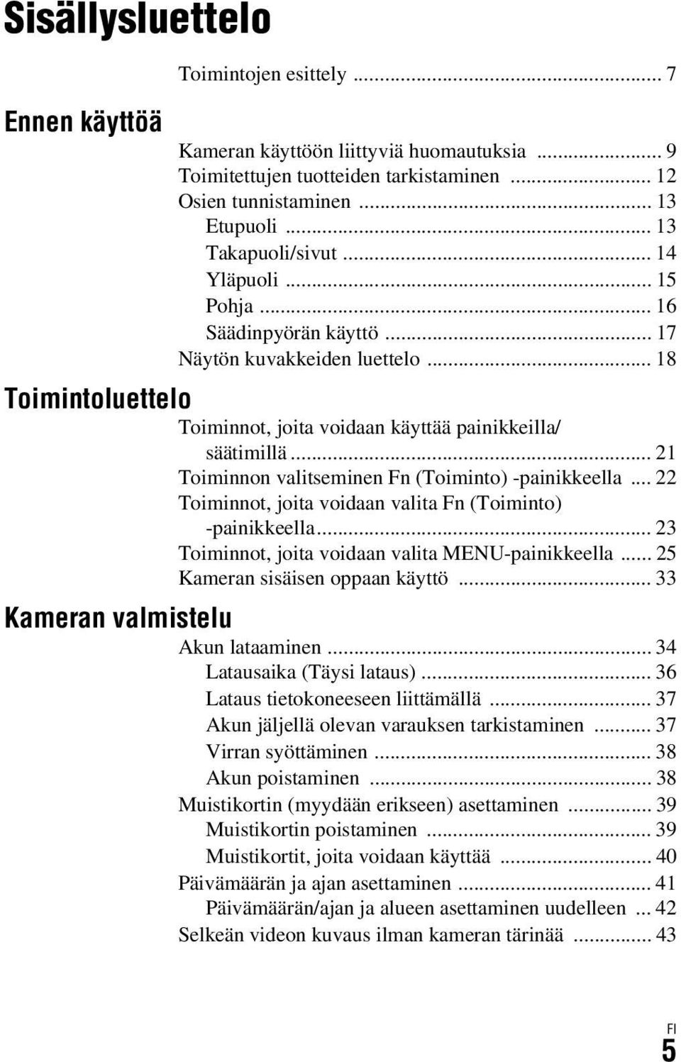 .. 21 Toiminnon valitseminen Fn (Toiminto) -painikkeella... 22 Toiminnot, joita voidaan valita Fn (Toiminto) -painikkeella... 23 Toiminnot, joita voidaan valita MENU-painikkeella.