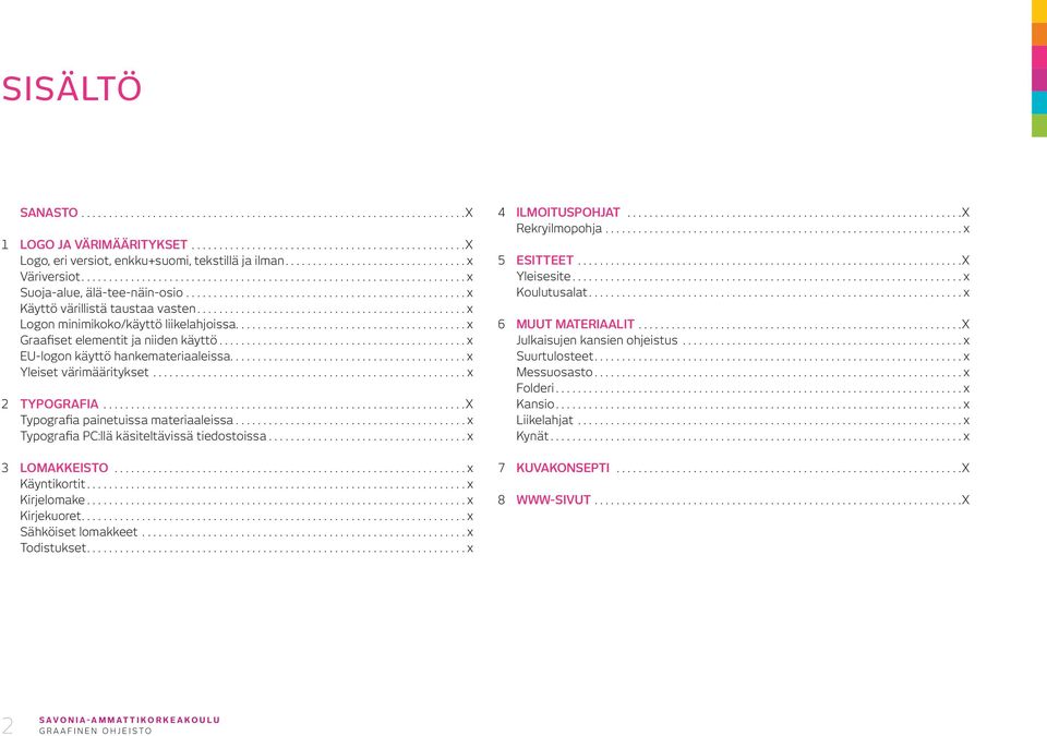 .. X Typografia painetuissa materiaaleissa... x Typografia PC:llä käsiteltävissä tiedostoissa... x 3 Lomakkeisto... x Käyntikortit... x Kirjelomake... x Kirjekuoret.... x ähköiset lomakkeet.