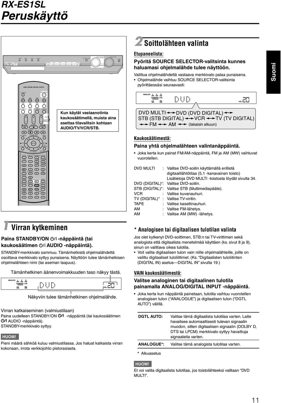 Ohjelmalähde vaihtuu SOUCE SELECTO-valitsinta pyörittäessäsi seuraavasti: TV DIECT AUDIO ANALOG L C DVD VC STB TV SUBWF LFE LS S DVD VC STB TV DVD MULTI TV TUNING TOP MENU PTY CHOICE AUDIO ZOOM VFP