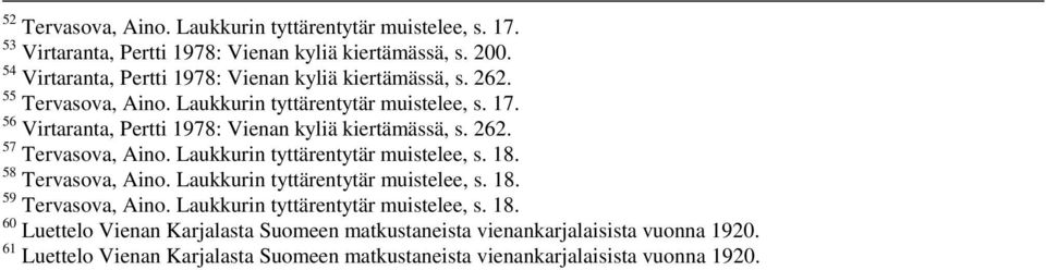 56 Virtaranta, Pertti 1978: Vienan kyliä kiertämässä, s. 262. 57 Tervasova, Aino. Laukkurin tyttärentytär muistelee, s. 18. 58 Tervasova, Aino.