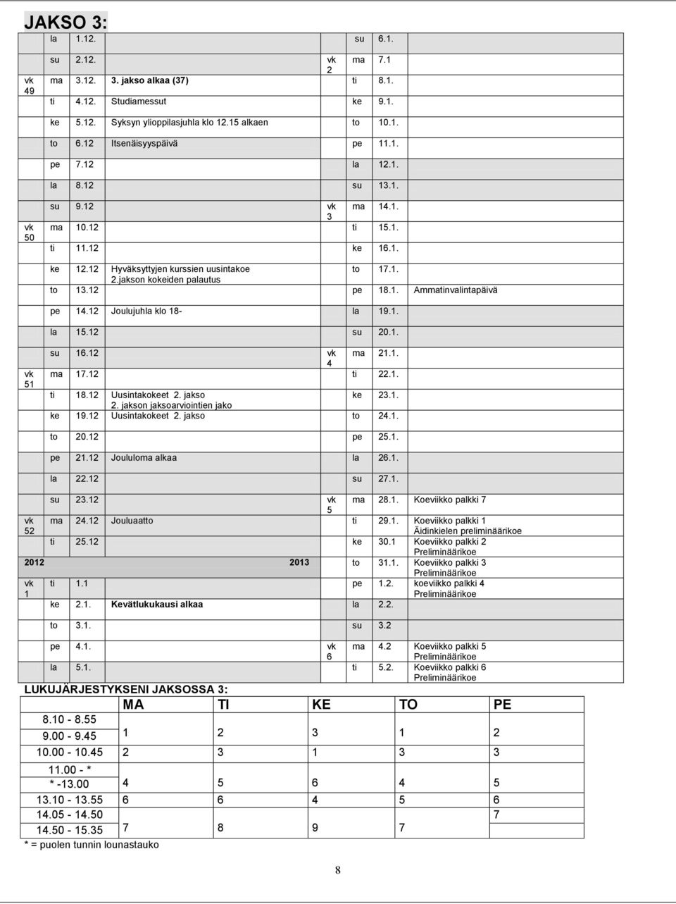 jakson kokeiden palautus to 13.12 pe 18.1. Ammatinvalintapäivä pe 14.12 Joulujuhla klo 18- la 19.1. la 15.12 su 20.1. vk 51 su 16.12 vk 4 ma 21.1. ma 17.12 ti 22.1. ti 18.12 Uusintakokeet 2.