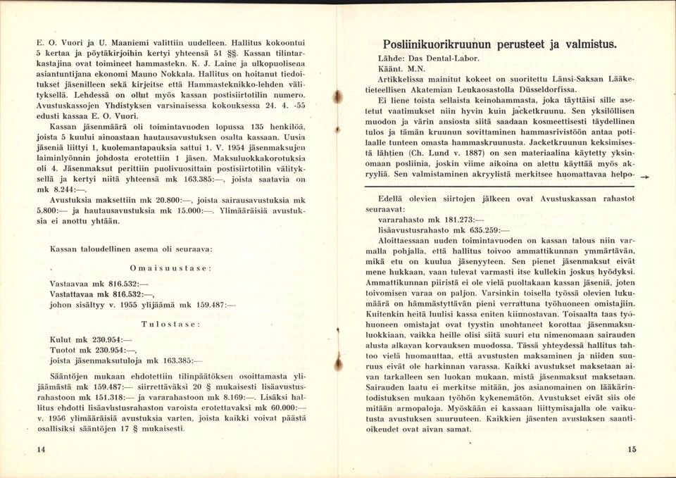 Lehdessä on ollut myös kassan postisiirtotilin numero. Avustuskassojen Yhdistyksen varsinaisessa kokouksessa 24. 4. -55 edusti kassaa E. O. Vuori.