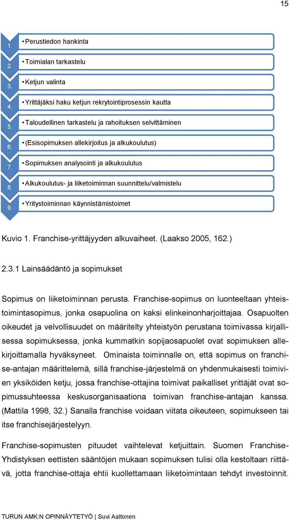 alkukoulutus) Sopimuksen analysointi ja alkukoulutus Alkukoulutus- ja liiketoiminnan suunnittelu/valmistelu Yritystoiminnan käynnistämistoimet Kuvio 1. Franchise-yrittäjyyden alkuvaiheet.